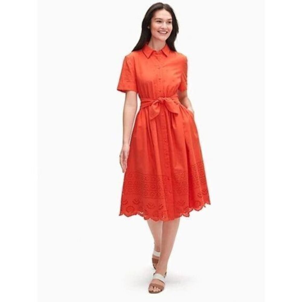 KATE SPADE Orange Eyelet Tie Waist Short Dress MEDIUM